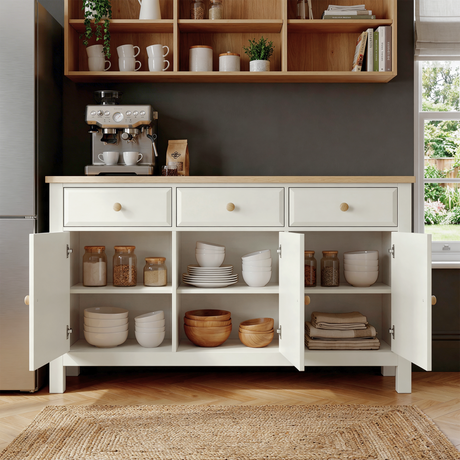 [White] Haven 3-door sideboard with all doors open showing internal shelves and full interior storage layout