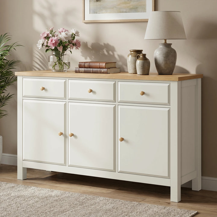 [White] sideboard with wooden top in a room setting with decor items