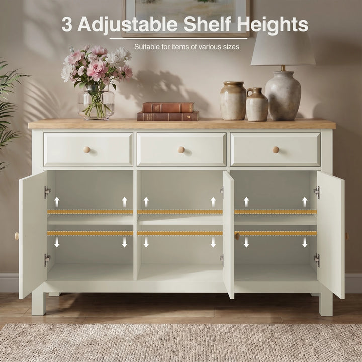 [White] 3 door sideboard with adjustable shelf heights in a room setting