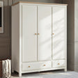 [White] Haven wardrobe front, three panelled doors, oak top, two base drawers with oak knob pulls