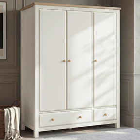 [White] Haven wardrobe front, three panelled doors, oak top, two base drawers with oak knob pulls