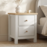 [White] Haven 2-drawer bedside table main front view showing full painted frame, drawers and oak veneer top panel