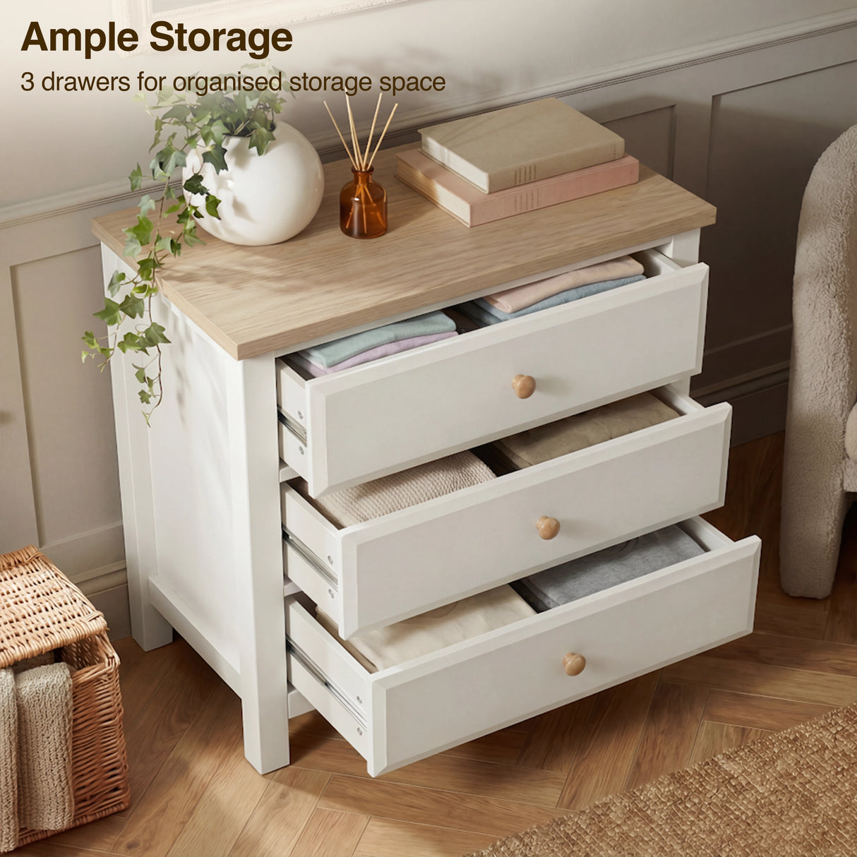 [White] Haven 3-drawer chest with all drawers open showing interior depth and ample storage capacity overlay text