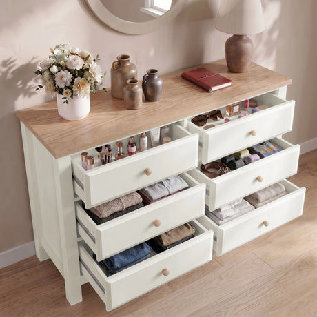 [White] Haven chest of drawers lifestyle shot with ample storage space feature graphic and capacity icons overlaid