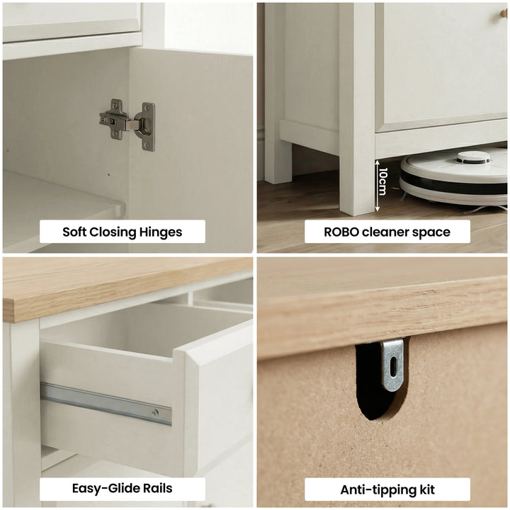 [White] Collage of kitchen cabinet features including soft closing hinges, ROBO cleaner space, easy-glide rails, and anti-tipping kit