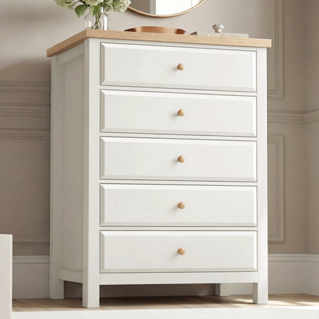 [White] Haven 5 drawer tall chest front view with decorative tray and small objects arranged on oak veneer top