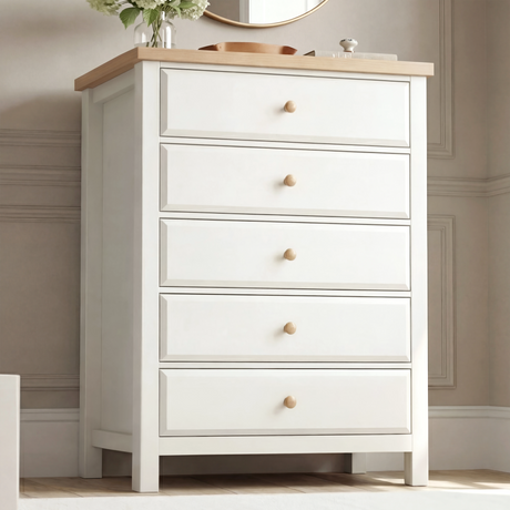 [White] Haven 5-drawer tall chest front view with decorative tray and small objects arranged on oak veneer top