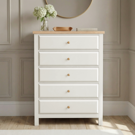 [White] Haven 5-drawer tall chest front view with decorative tray and small objects arranged on oak veneer top
