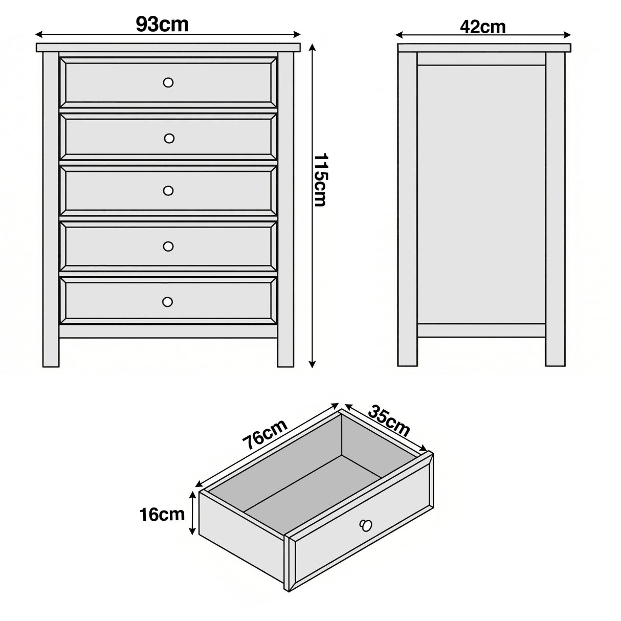 [White] Haven 5-drawer tall chest dimensions diagram showing W93cm x D42cm x H115cm with drawer depth measurements