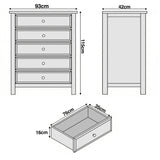 [White] Haven 5-drawer tall chest dimensions diagram showing W93cm x D42cm x H115cm with drawer depth measurements