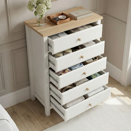 [White] Haven 5-drawer tall chest with all drawers open showing interior storage depth and oak veneer top surface