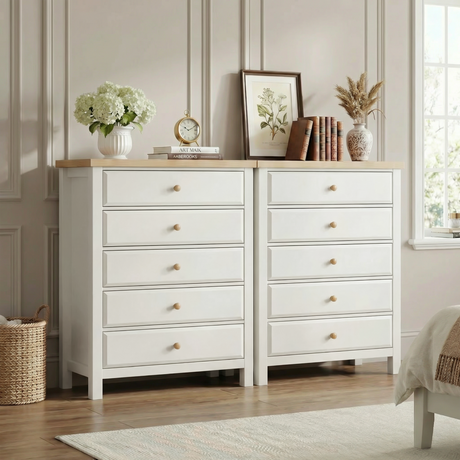 [White] Haven tall chest and matching 3-drawer chest side by side in a bedroom with decorative accessories on top