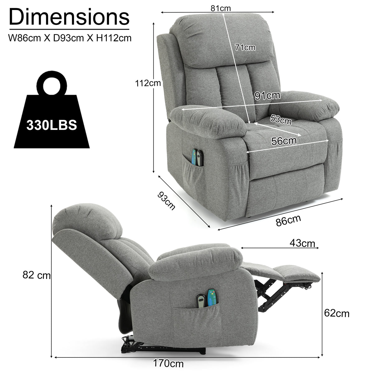 Heat and massage recliner chair dimensions and weight capacity, grey fabric.