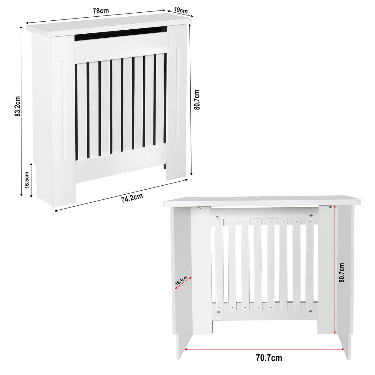 Heat covers for radiator size with white vertical slats and 78x83.2cm dimensions.