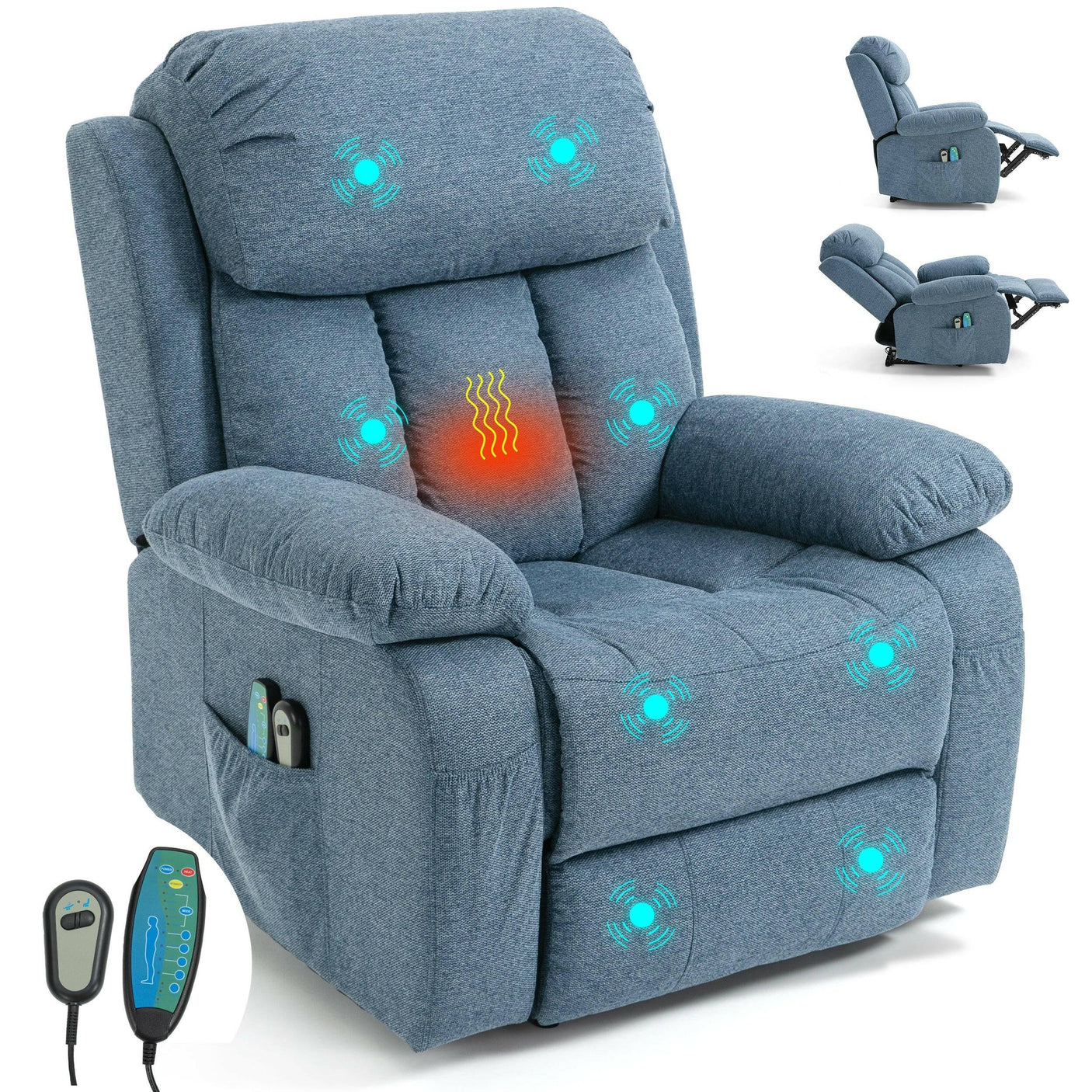 Blue fabric recliner chair with heat and massage, featuring 8 massage points and lumbar heating. Includes remote and dual recline positions.