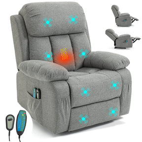 Stylish grey fabric recliner chairs with cup holder, heat, and massage functions for comfort