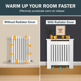 Comparison of a radiator with and without a cover, showing warm air release.