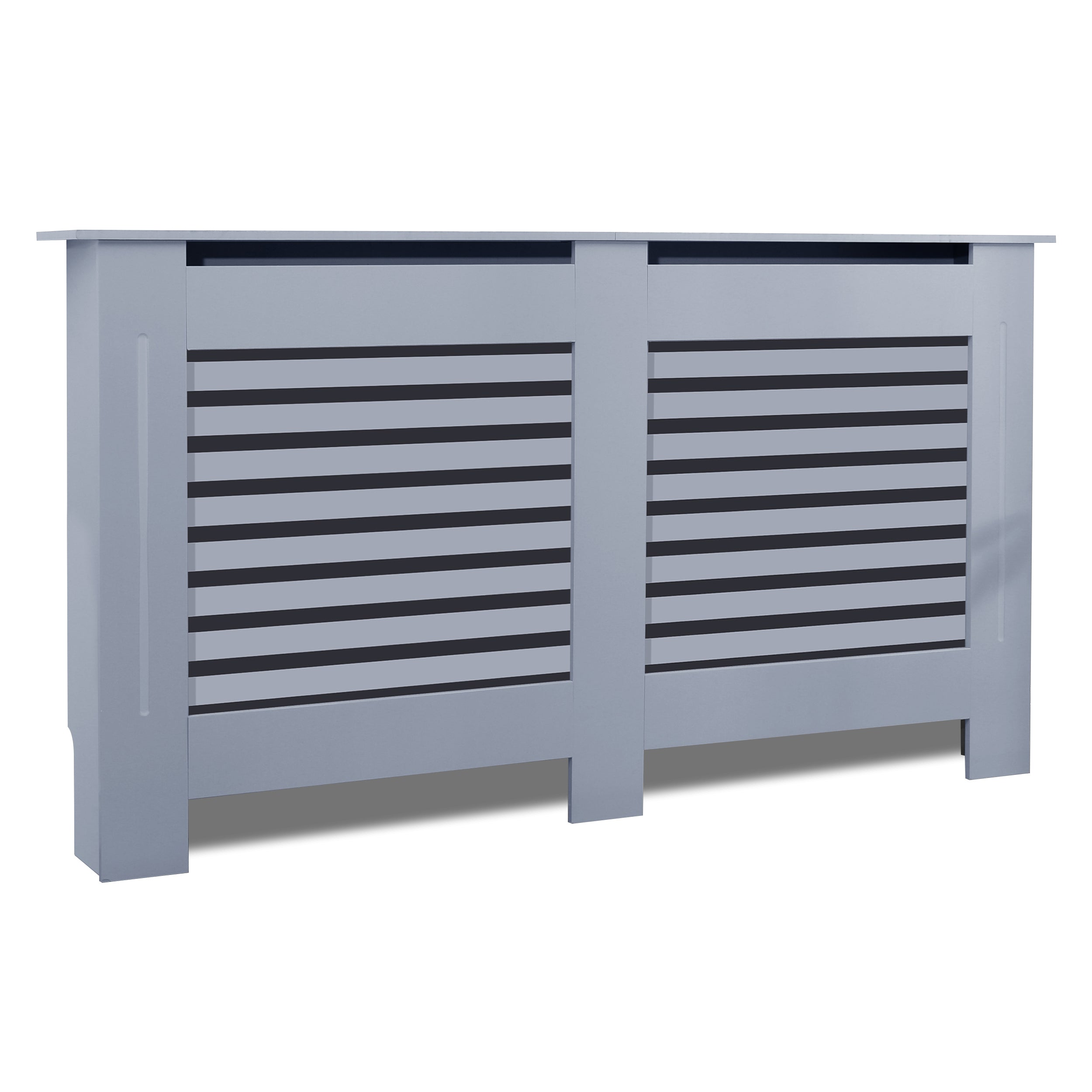 Heating cover for radiator, featuring a modern grey design with horizontal slats, providing both.