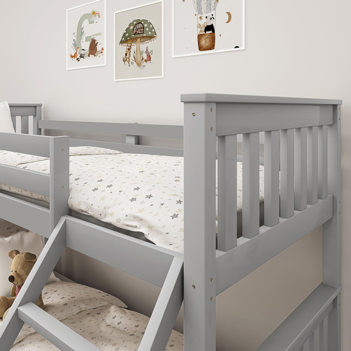 Close-up of upper guardrails on grey wooden triple bunk bed, ensuring child safety and sturdy construction.