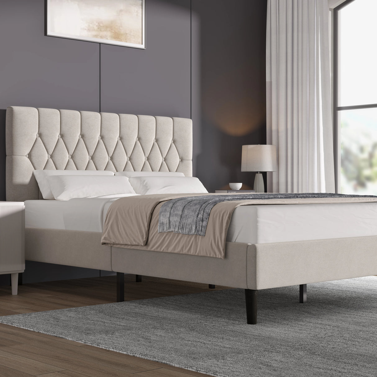 Beige velvet bed frame in double size with adjustable chesterfield headboard, modern design for stylish bedroom décor. Available at DHS Furniture UK.