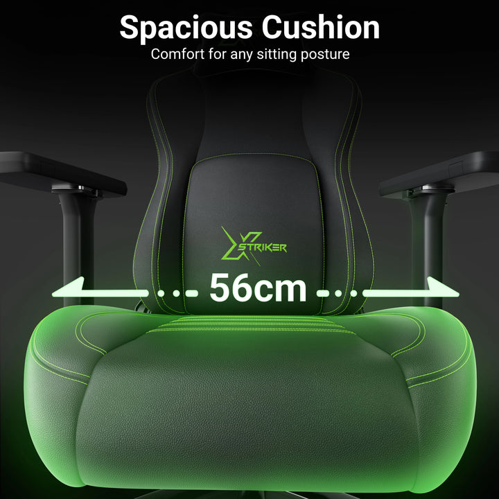 Black gaming chair with 'XStriker' branding and measurement of 56cm cushion width on a dark background.