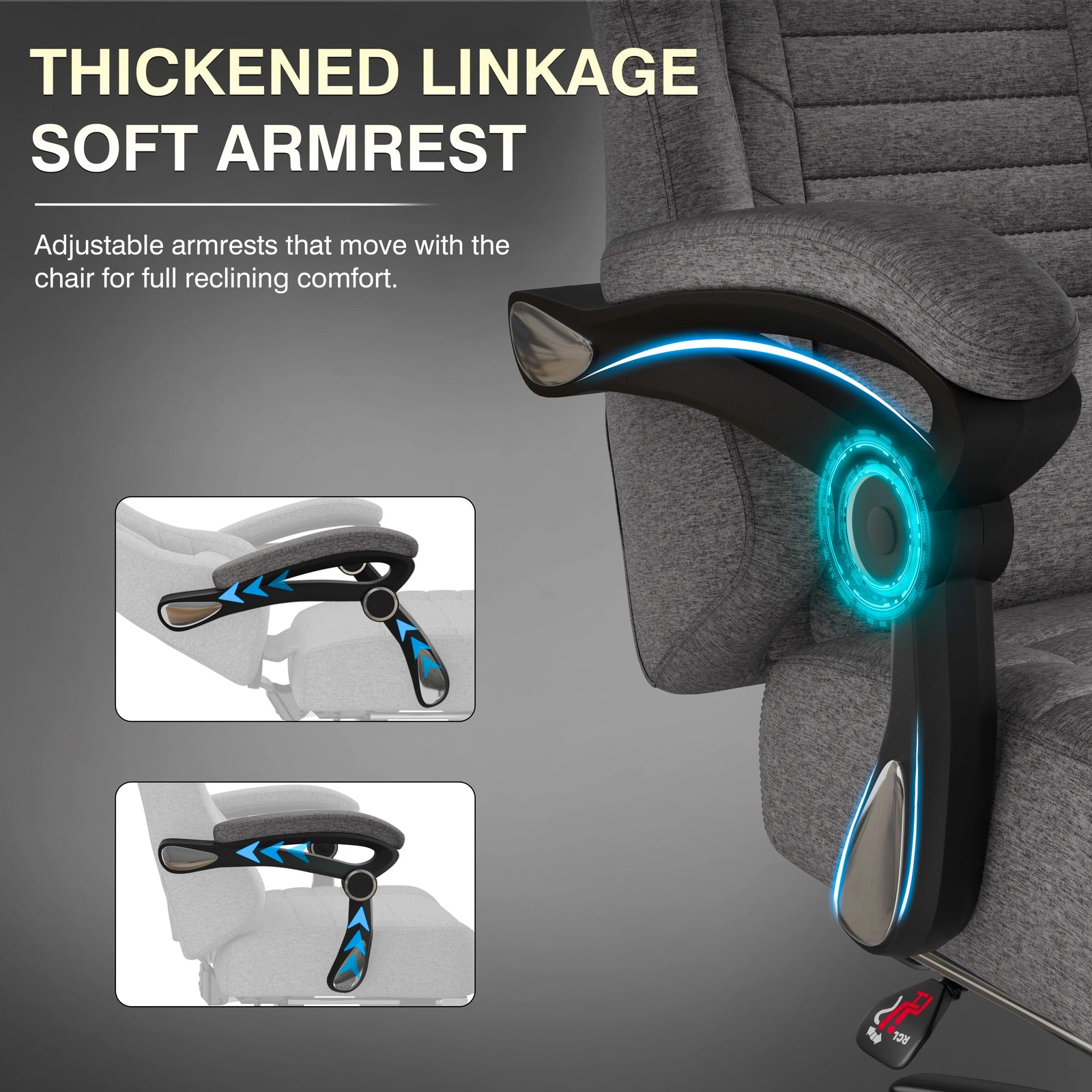 [Grey] Chair armrest with thick linkage and soft finish, adjustable for reclining comfort.