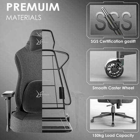 Xstriker Ergonomic Fabric Gaming Chair with 4D armrest, SGS-certified gaslift, smooth caster wheels, and 150kg load capacity for adults.