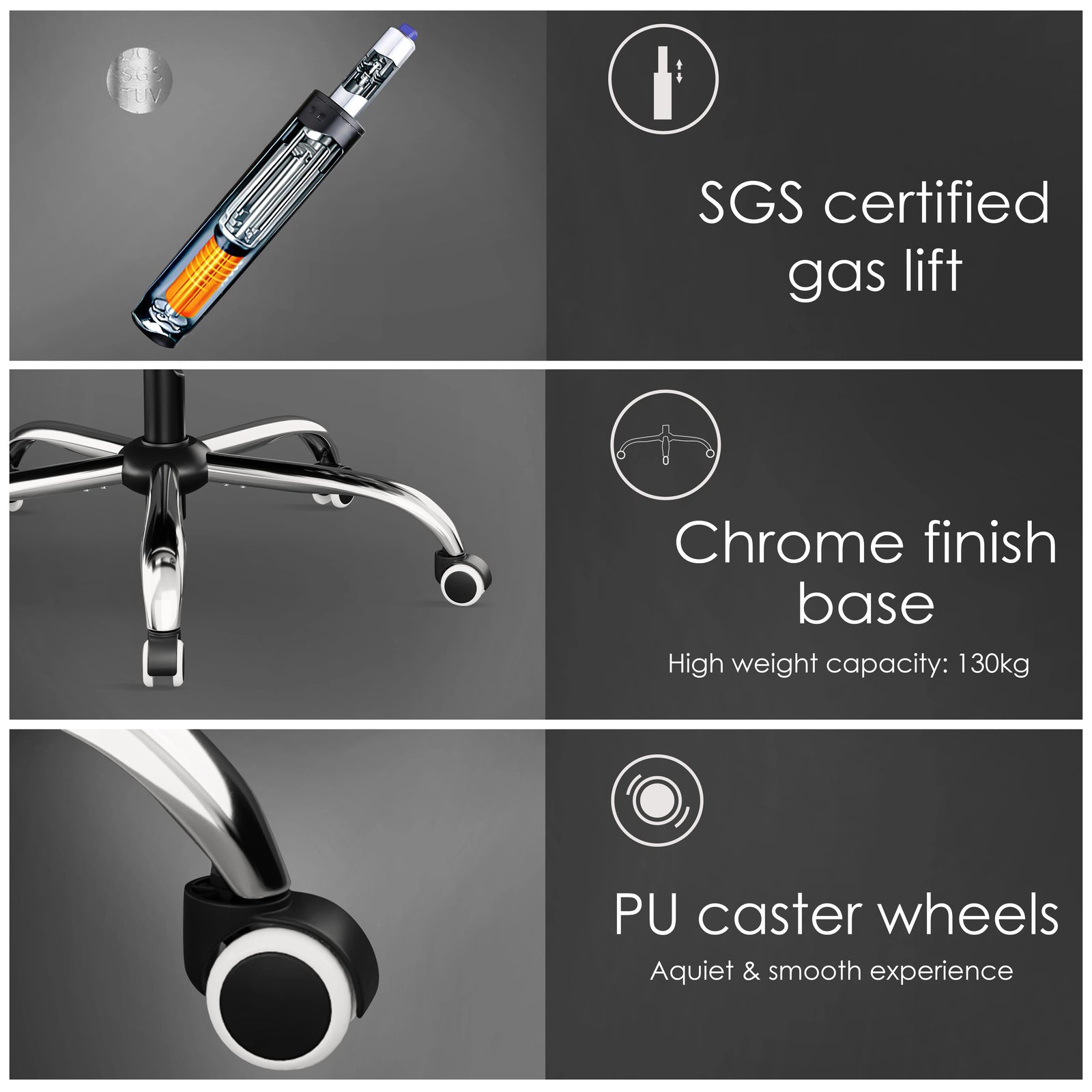 [Black + Blue] Xstriker office Chair With Footrest features an SGS certified gas lift for adjustable height and ergonomic support in home or office setups.