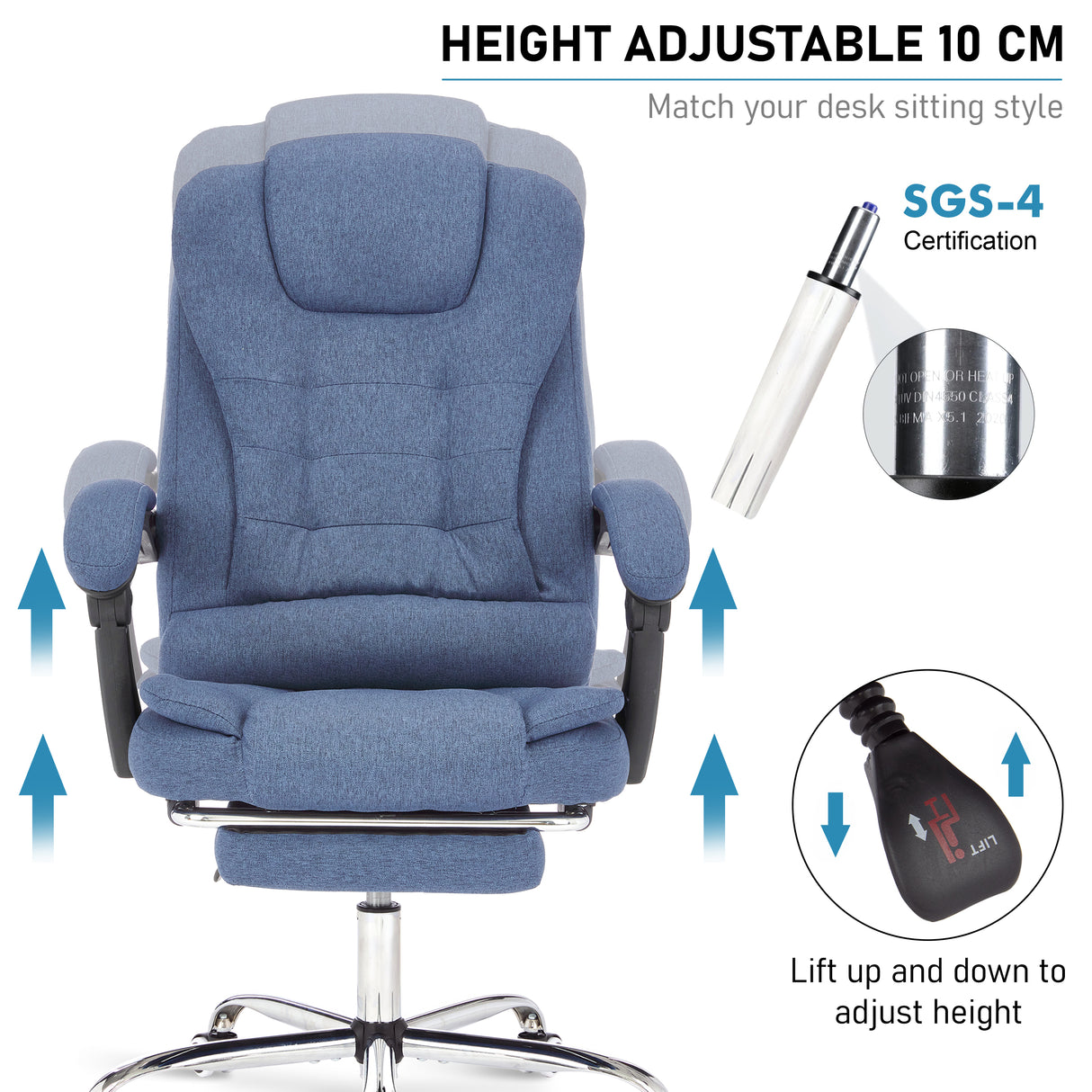 Height adjustable blue linen swivel reclining chair with ergonomic design and cushioned support.