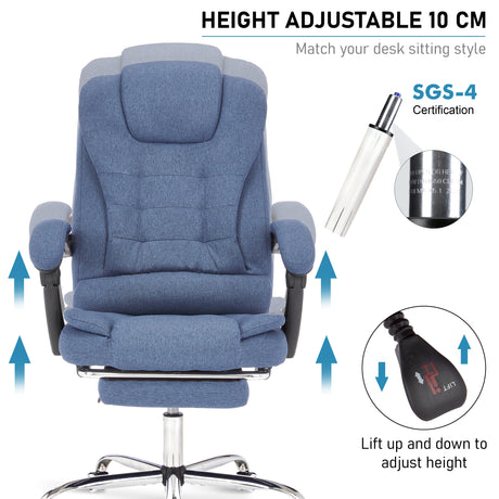 Height adjustable blue linen swivel reclining chair with ergonomic design and cushioned support.