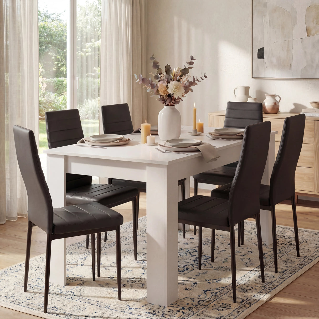 Modern 4-6 seater white dining table with black PU leather chairs in a sunlit room. A sleek choice for contemporary dining spaces.