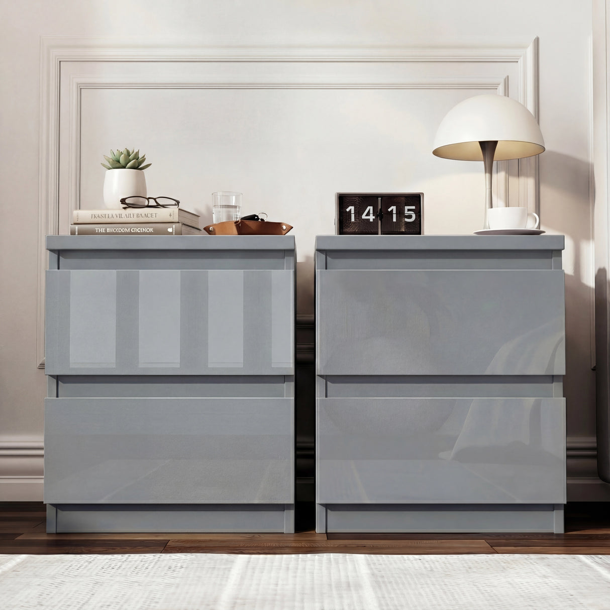 High Gloss 2 Drawer Bedside Table - Bedside Nightstand Drawers