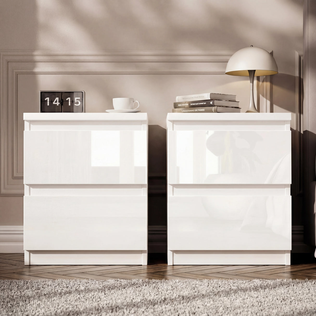 High Gloss 2 Drawer Bedside Table - Bedside Nightstand Drawers