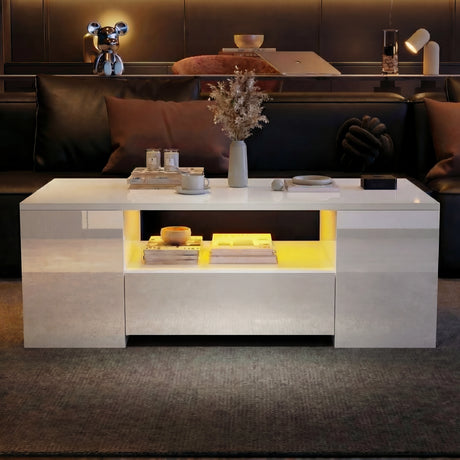 High Gloss Coffee Table with Drawers Storage and LED Lights in white finish, featuring open shelf with warm LED lighting and modern minimalist design.