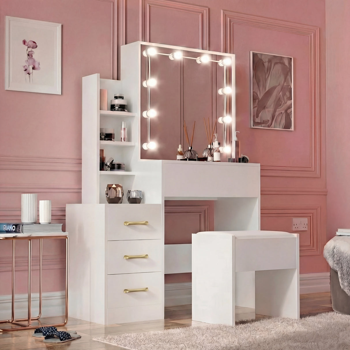 Hollywood Mirror Dressing Table with Storage, Drawers Vanity Makeup Desk