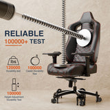 Ergonomic chair with durability testing graphics on a beige background