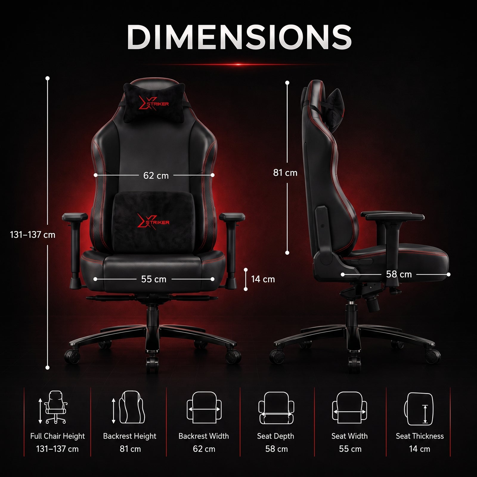 [Black] Xstriker High-Back Ergonomic Gaming Chair detailing overall heights and seat width.