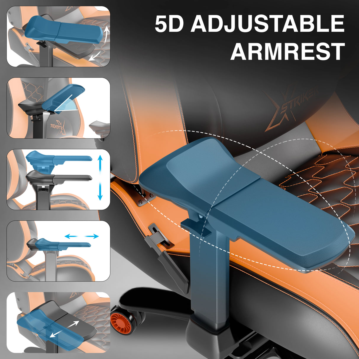 5D adjustable armrest on a gaming chair with detailed illustrations of its features.