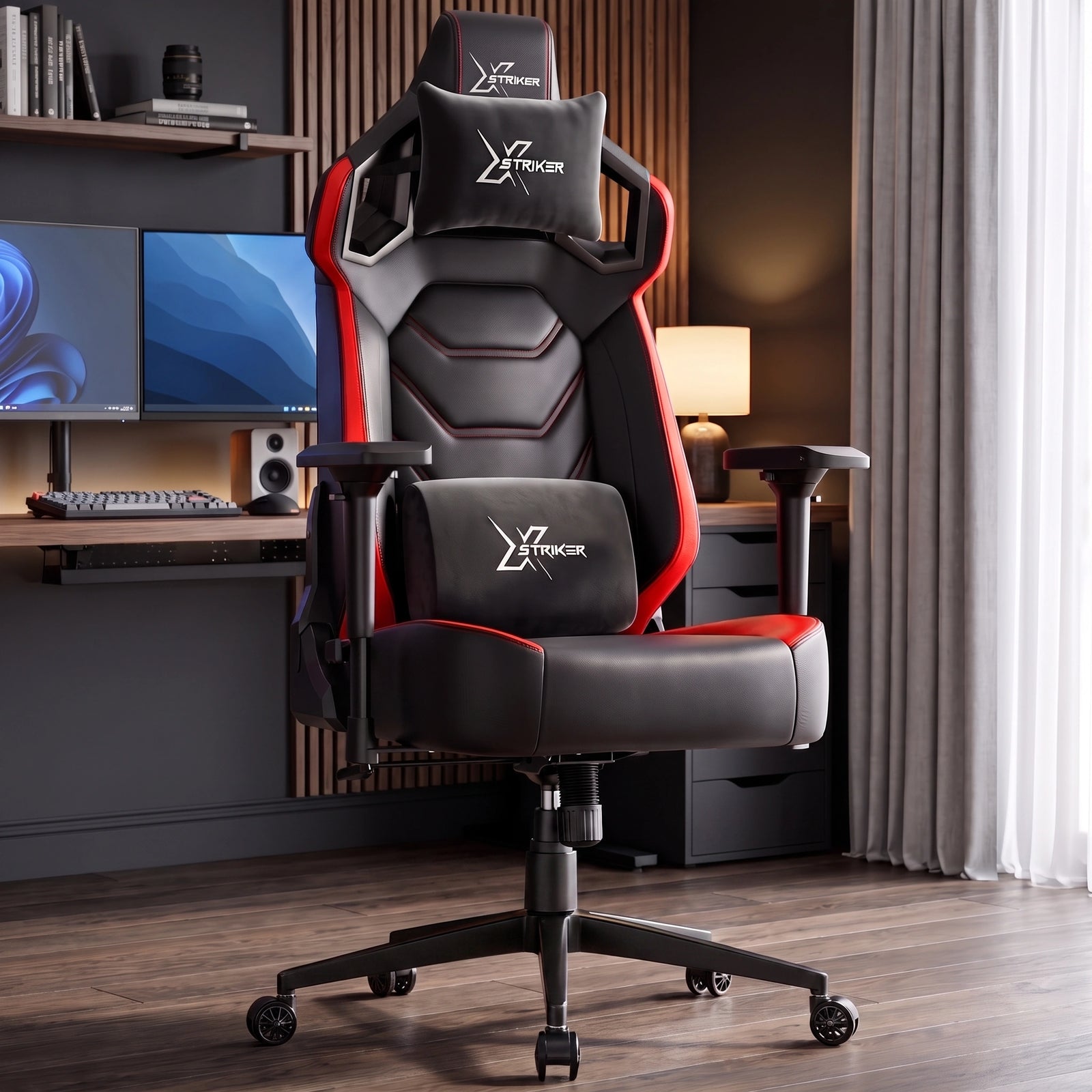 [Black + Red] Xstriker High Back Gaming Chair with 4D armrests, lumbar and neck support for office or gaming setup.