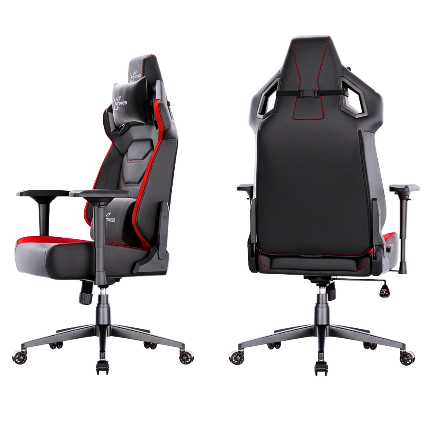 Xstriker High Back Gaming Chair with ergonomic design, 4D adjustable armrests, and lumbar support in black and red. Ideal for gaming or office use.