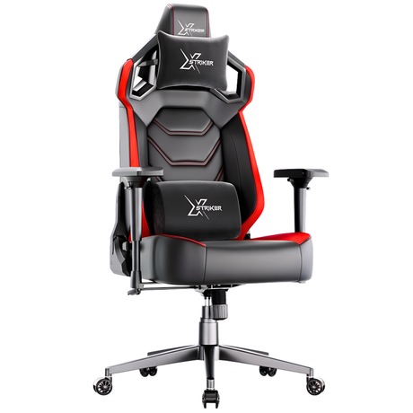 Xstriker High Back Gaming Chair in black and red with ergonomic design, 4D armrests, lumbar and neck support for office or gaming setup.