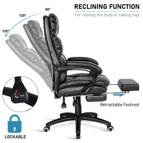 High-back luxury office chair with a reclining function for enhanced comfort and relaxation.