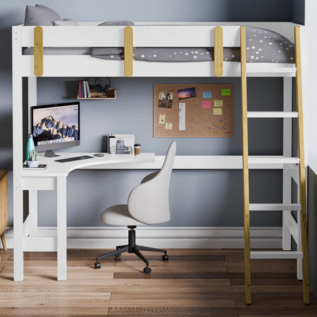 front view of modern white high bed with a built-in desk underneath, placed against a wall