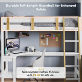 modern high bed with desk under showing a computer setup beneath a loft frame with guardrail