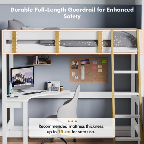 modern high bed with desk under showing a computer setup beneath a loft frame with guardrail