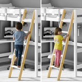 safe high beds for kids featuring a sturdy ladder and string lit guardrail above a corner workspace