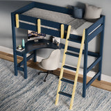 High bunk bed with desk underneath and wooden ladder placed against a wall on a blue patterned rug.