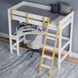 White high bunk bed with desk underneath and wooden ladder placed against a wall on a blue patterned rug