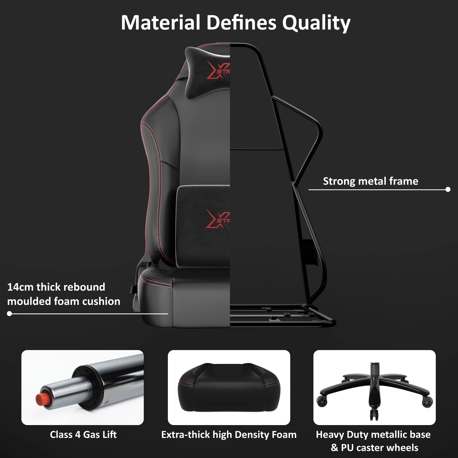 [Black] Infographic highlighting the three technological innovations and high density foam cushions of the gaming chair.