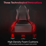 [Black] Infographic highlighting the three technological innovations and high density foam cushions of the gaming chair.